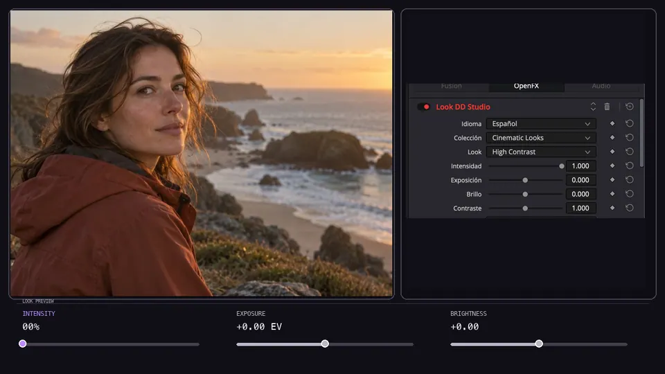 Vista previa animada del look aplicado junto a una captura real del panel de DaVinci Resolve